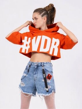Viadel #VDH cropped pullover hoodie in orange with a white graphic print size S